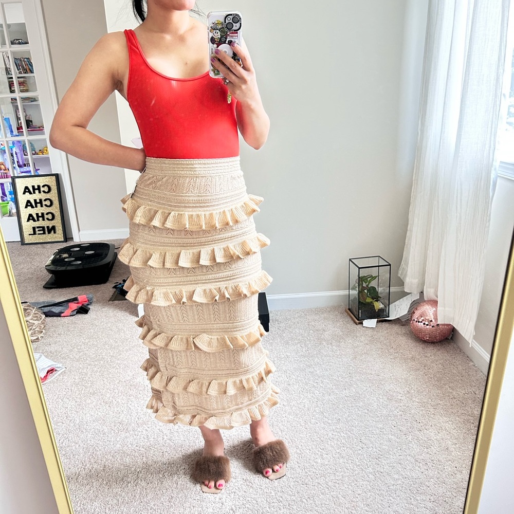 Zimmerman gold knit ruffle skirt. S